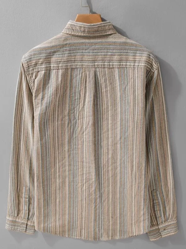 เสื้อเชิ้ตผู้ชายทรงหลวม แขนยาว สไตล์วินเทจ ลายทางญี่ปุ่น สีสันทันสมัย สำหรับฤดูใบไม้ร่วง แบรนด์ Tagkita สำหรับวัยรุ่น