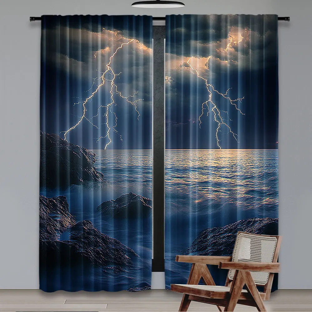 2Pcs Nature Curtain Summer Storm Over The Rocks In Ocean Bad Weather Nature For Bedroom Living Room And Dining Room