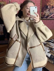 Loose Women Thick Warm Faux Leather Jackets 2023 Winter Fashion Ladies Patchwork Fleece Coats Female Vintage Outerwear Chic