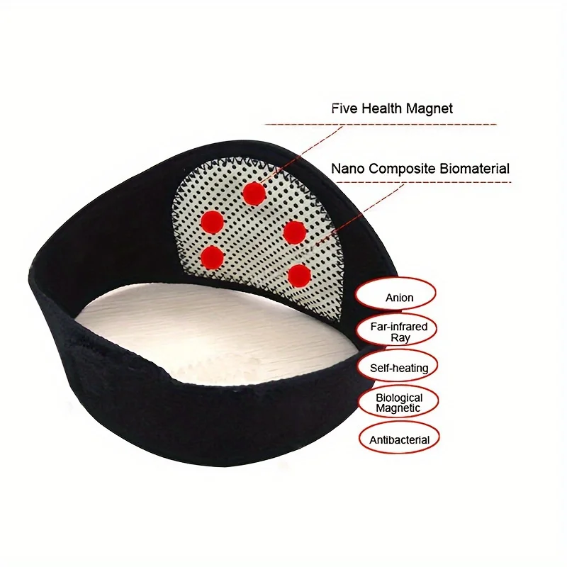 

Ergonomic self heating magnetic neck brace containing healthy magnets, tourmaline, and anionic biomaterials