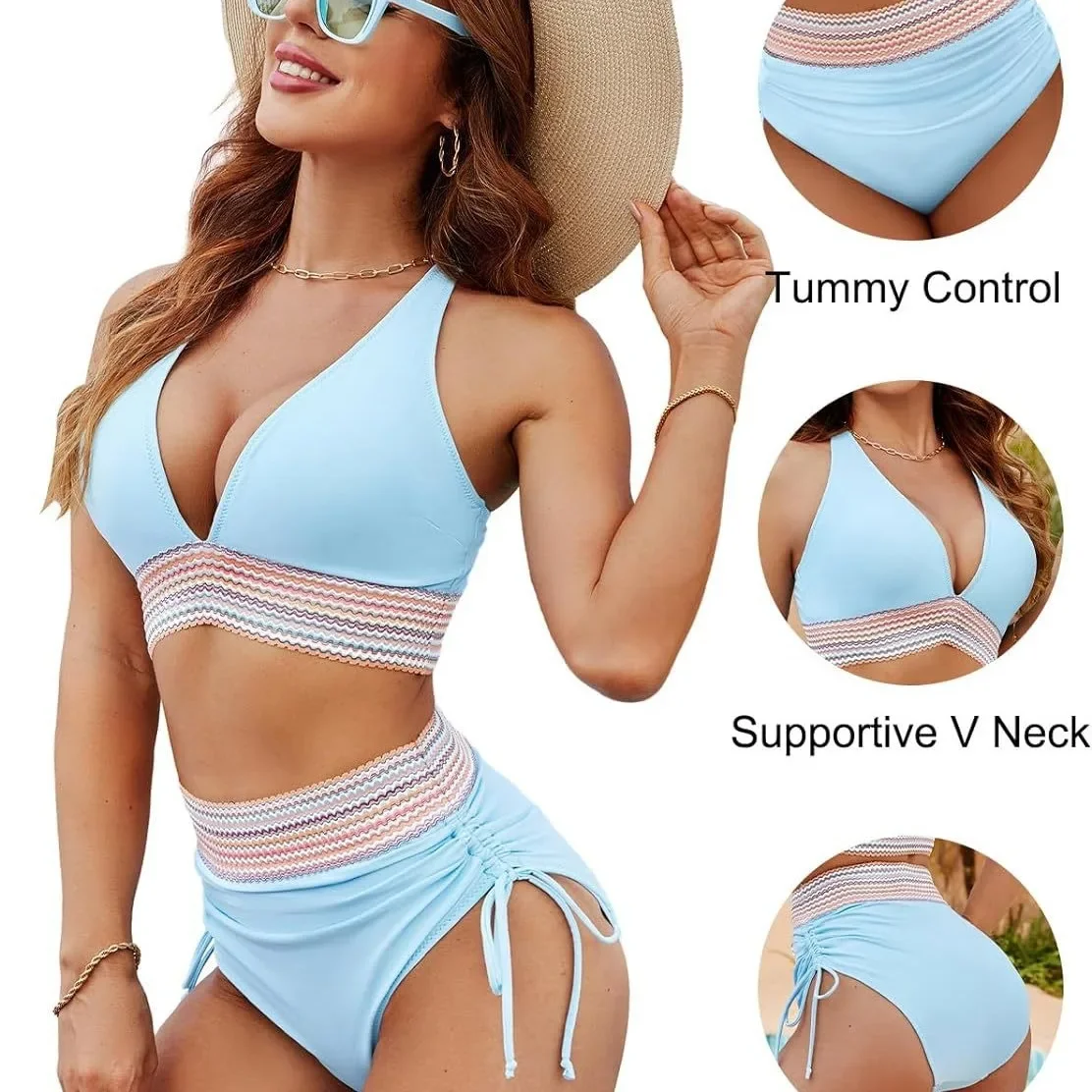 

DGTQYQ 2025 New Women's Shoulder High Waist Split Bikini Swimsuit Set with Chest Cushion and Adjustable Shoulder Straps Swimming