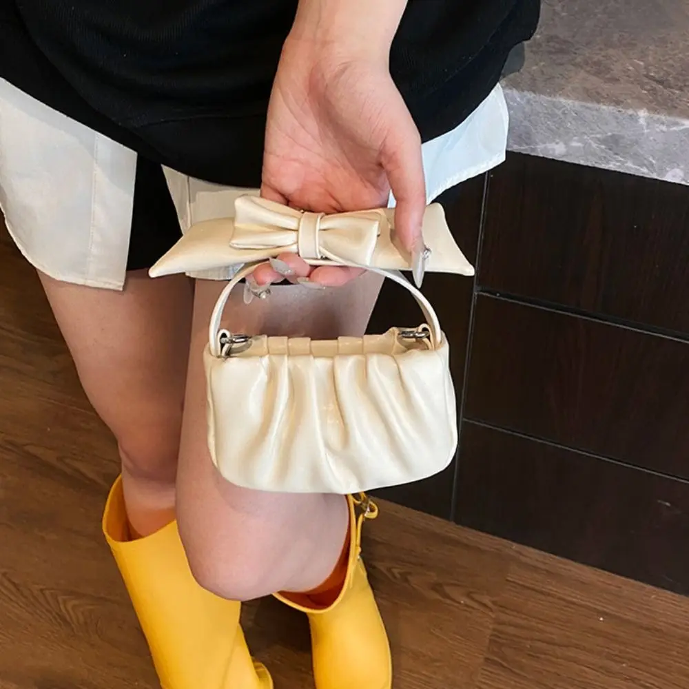 

Personalized Solid Color Bow Crossbody Bag Cute PU Leather Pleated Cloud Shoulder Bag Mini Bowknot Women Handbag Party