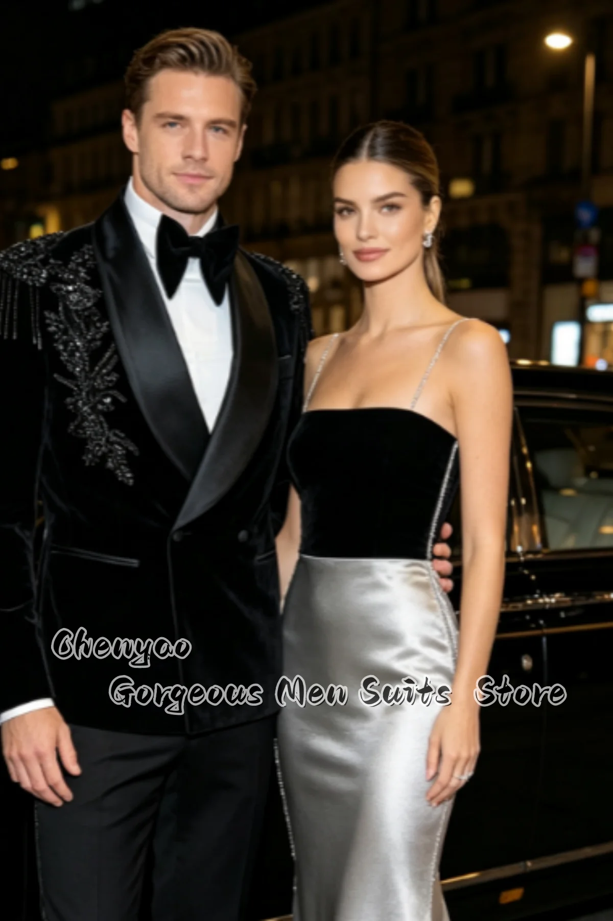 Luxury Velvet Men 2-Piece Formal Suit Tuxedos Shoulder Floral Rhinestone Embroidery Double Breasted Male Blazer Customized
