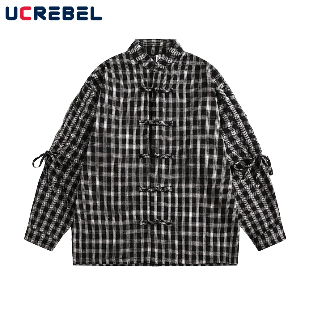 Drawstring Plaid Long Sleeve Shirts Mens Split-Hem High Street Autumn Stand collar Single Breasted Shirts Men