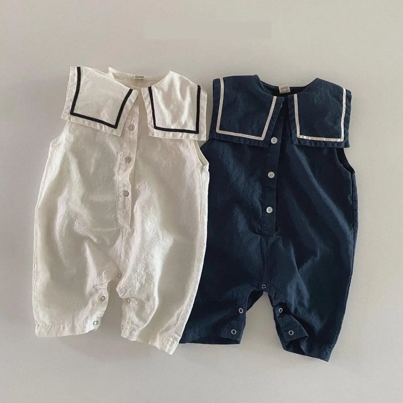 

2024 Summer New Baby Boy Sleeveless Sailor Collar Romper Newborn Girl Navy Collar Jumpsuit Infant Toddler Loose Casual Clothes