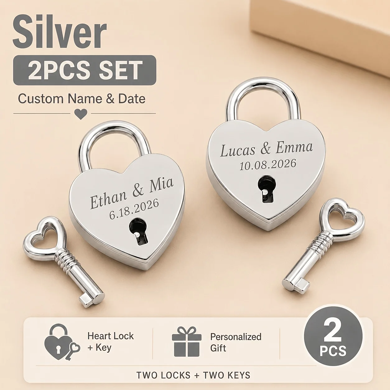 2Pcs Personalized Engraved Love Locks, Wedding and Travel Commemorative Locks, Custom Padlocks with Couple's Names and Date, Available in Gold, Silver, Rose Gold, for Proposals, Bridges, Anniversaries, and Ceremonial Occasions, Suitable for Couples/Lovers, Romantic Keepsakes and Gifts, Valentine's Day Gifts, Wedding Locks, Travel Locks, Commemorative Locks