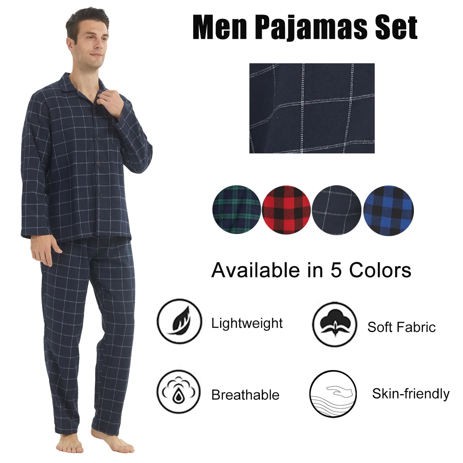 LANBAOSI Flanell-Pyjama für Herren Set Langarm Weiche Baumwolle Loungewear Schlafanzug Kariertes Hemd Hose Pyjama Oberteil Unterteil