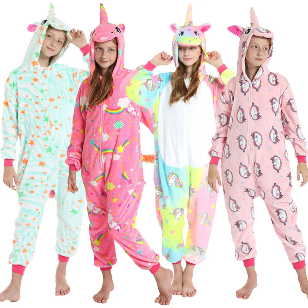 Girls Unicorn Pajamas 4 to 5 6 7 8 9 10 11 12 Years Plush Winter Thicke Child Pijama Kids Onesie Green Zipper Kigurumi Jumpsuits