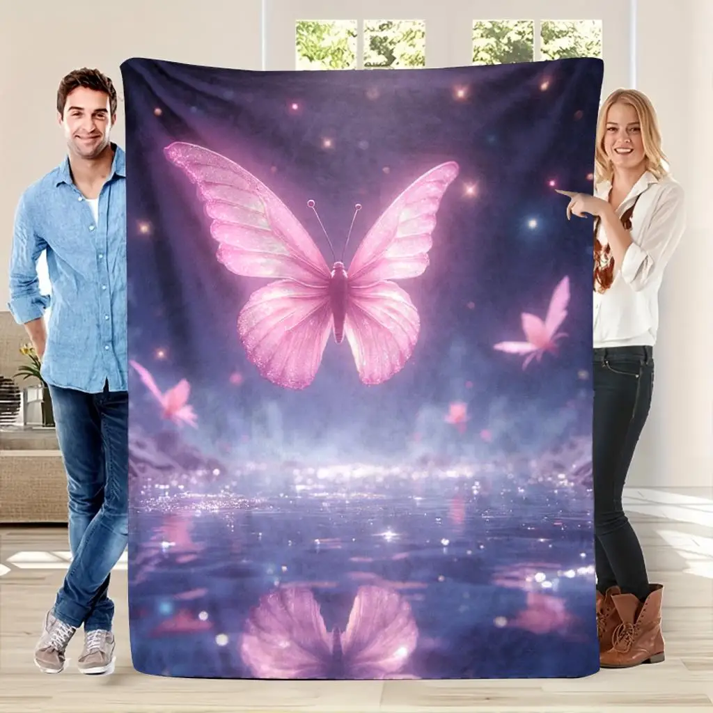 Pink Butterfly Galaxy Blanket Fantasy Art Cosmic Sky Water Reflection Fleece Throw Dreamy Decor Gift for Women Home Bedroom Cozy