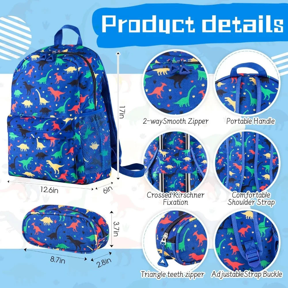 Set di valigie per bambini da 6 pezzi con 17 valigie con ruote, doppio motivo, ideale per regali scolastici o da viaggio, dinosauro blu scuro De