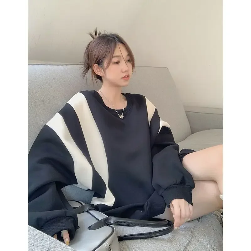 Oversized Lazy Stripe Spliced Contrast Sweater with Autumn and Winter Design Small and Super Loose Round Neck T-shirt Ins Top