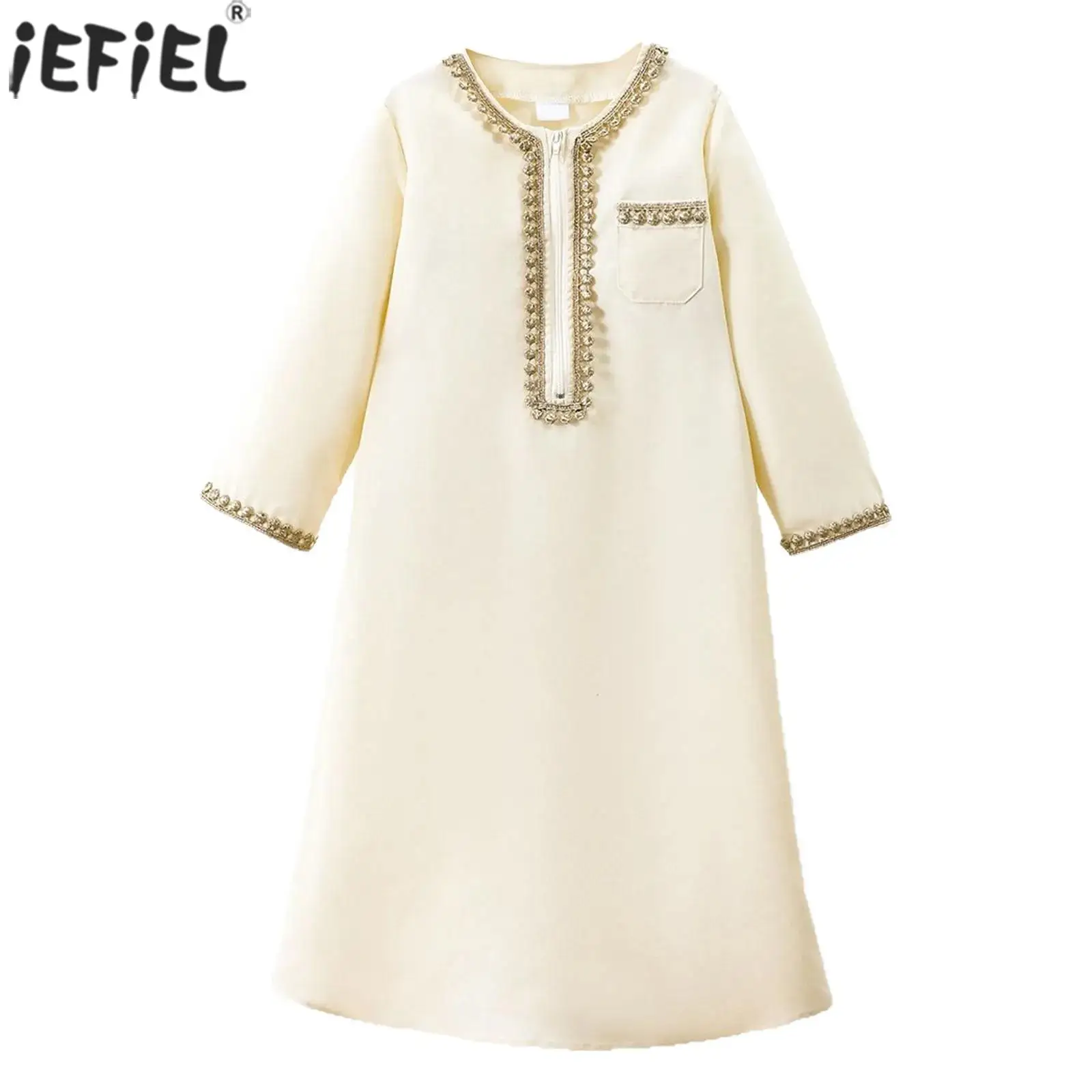 Muslimische Jungen Robe Kinder Arabisch Islamische Abaya Kaftan Gebet Kleidung Langarm Gesticktes Reißverschluss Kleid Top Ramadan Eid Thobe