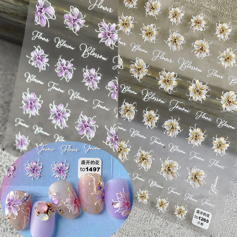 1 Sheet 5D Realistic Relief  Translucent Floral Texture 3D Blossom Flowers Adhesive Nail Art Stickers Decals Manicure Ornaments