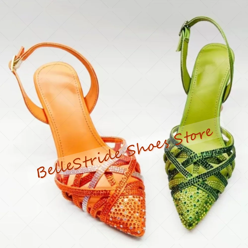 صنادل بحزام متقاطع من الكريستال الأخضر بمقدمة مدببة أحذية نسائية مفرغة بكعب عالي رفيع للحفلات والولائم والمواعدة 2025 Zapatos Para Muje