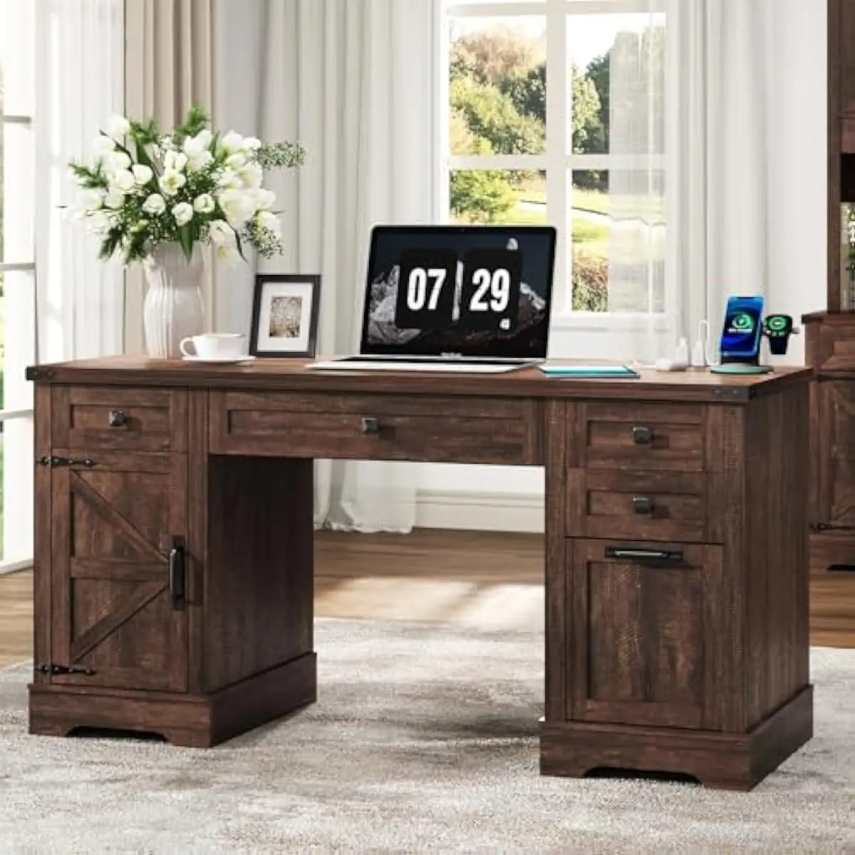 58 Inch Rustic Farmhouse Desk with Integrated Charging Hub USB C AC Outlets Spacious Work Surface 19.7 Depth Multiple Sliding Dr