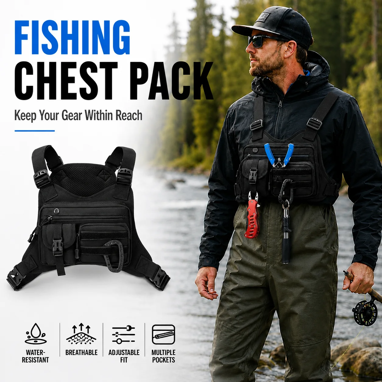 Fly Fishing Chest Pack Multi-Pocket Fishing Bag Tactical Bag for Running Wading Hiking Hunting Outdoor