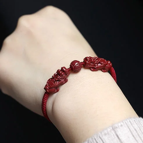 5A Natural Cinnabar Pixiu Pi Xiu Pi Yao Handmade Braid Bracelet Zinnober Genuine Vermilion