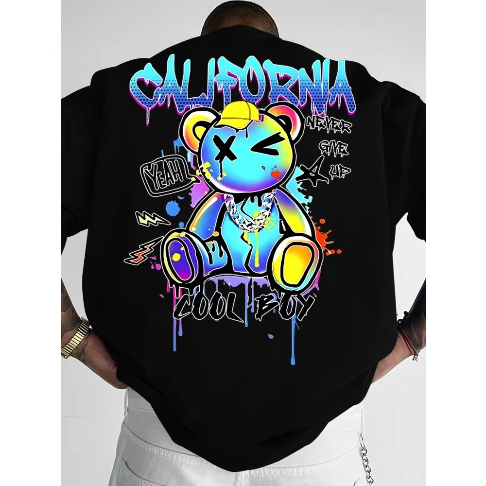 Summer New Men California Bear and Lightning Arrow Star Pattern Loose T-shirt Soft Material Versatile Trendy