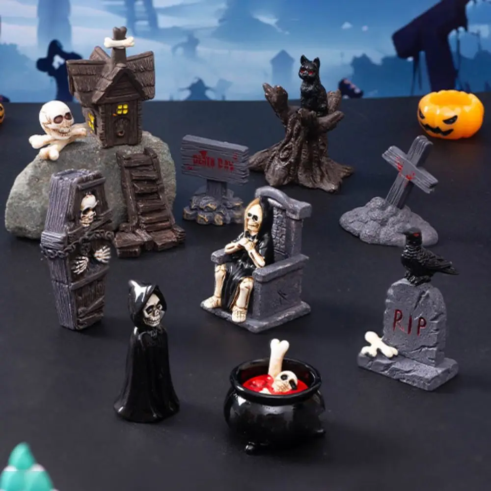 

Mini Halloween Miniature Figurine Bone Skull Coffin House Chair Cartoon Scary Ghost Statue Pranky Prop Micro Landscape