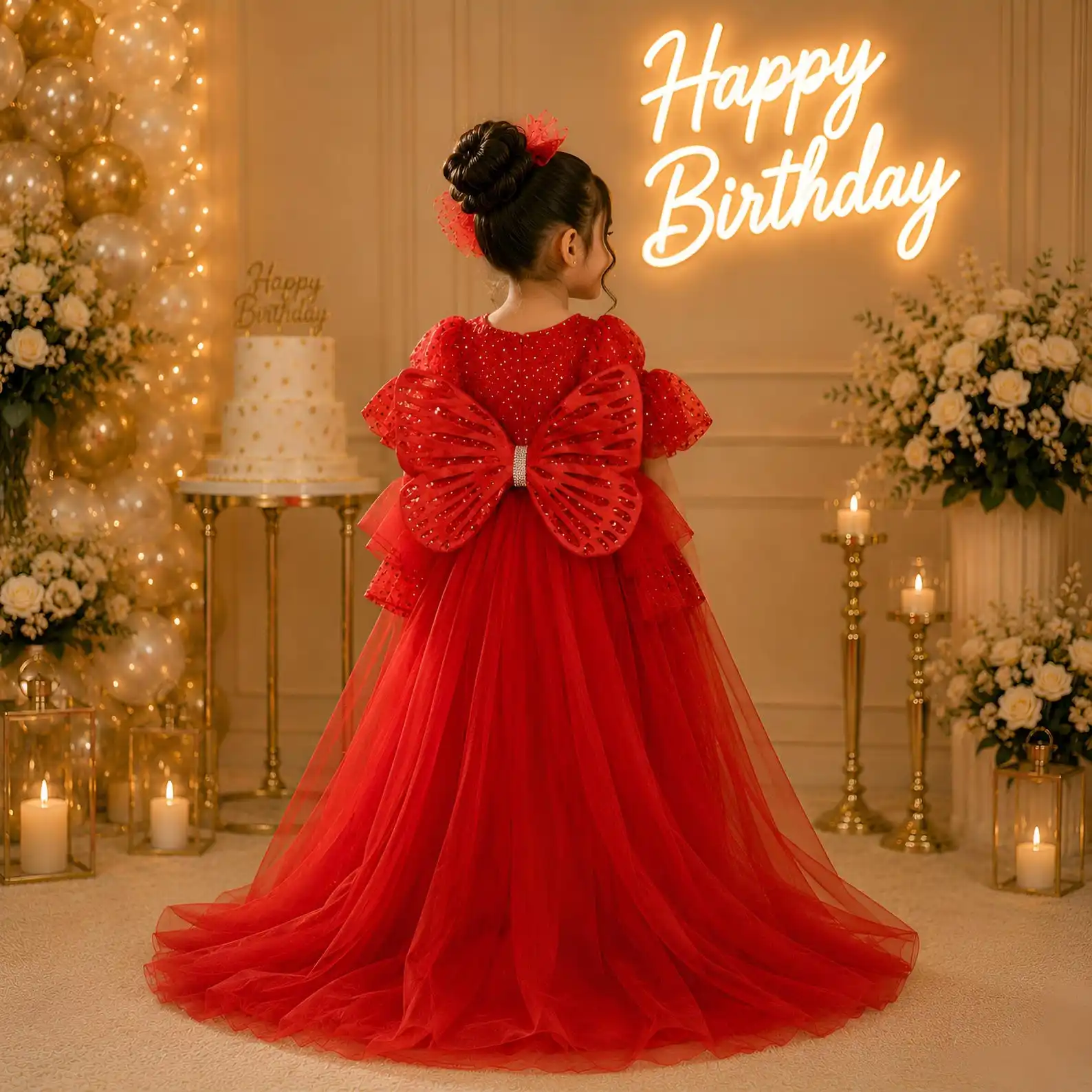 Lovely Quality Red Flower Girl Dress Sequin Yarn Fluffy with Train Trailing Little Princess Birthday Party Ball Evening Gowns