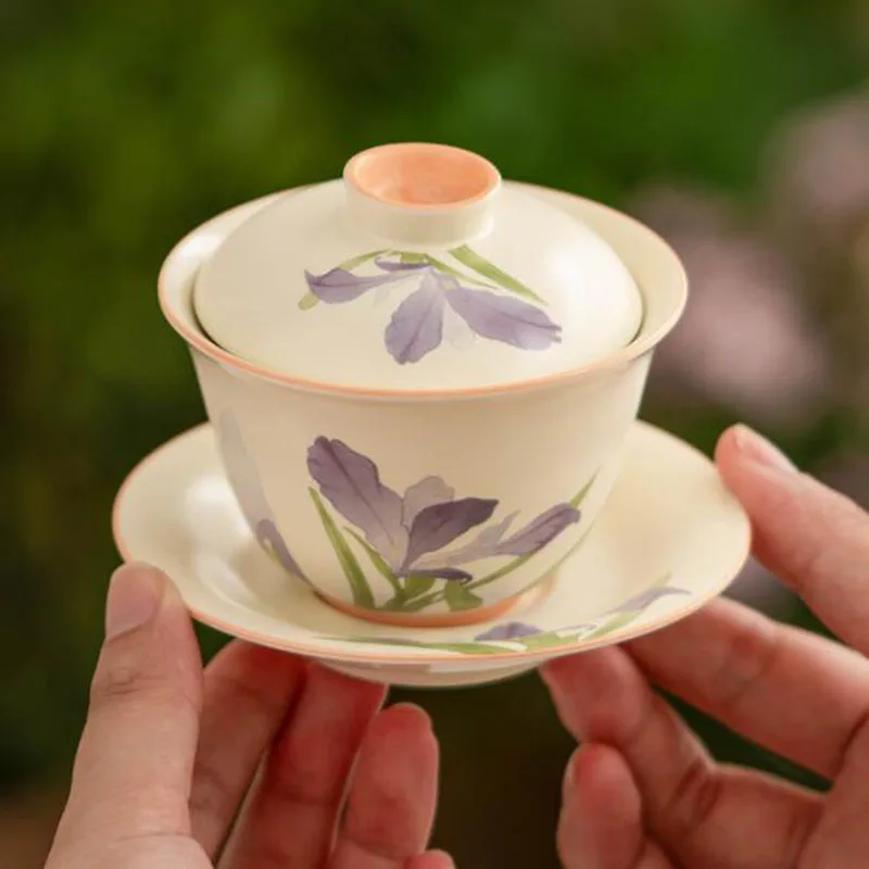 Beige Glazed Purple Iris Flower Pattern Tea Tureen Kungfu Tea Set Household Tea Infuser Bowl Drinking Accessories