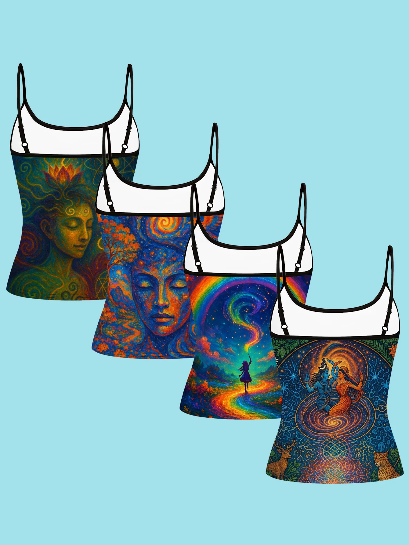 4-Pack of Women's Spiritual Art Print Camisoles with Lotus Meditation Images, Rainbow Light Path, Mythological Symbols, Slim-Fit Spaghetti Strap Inner Tops