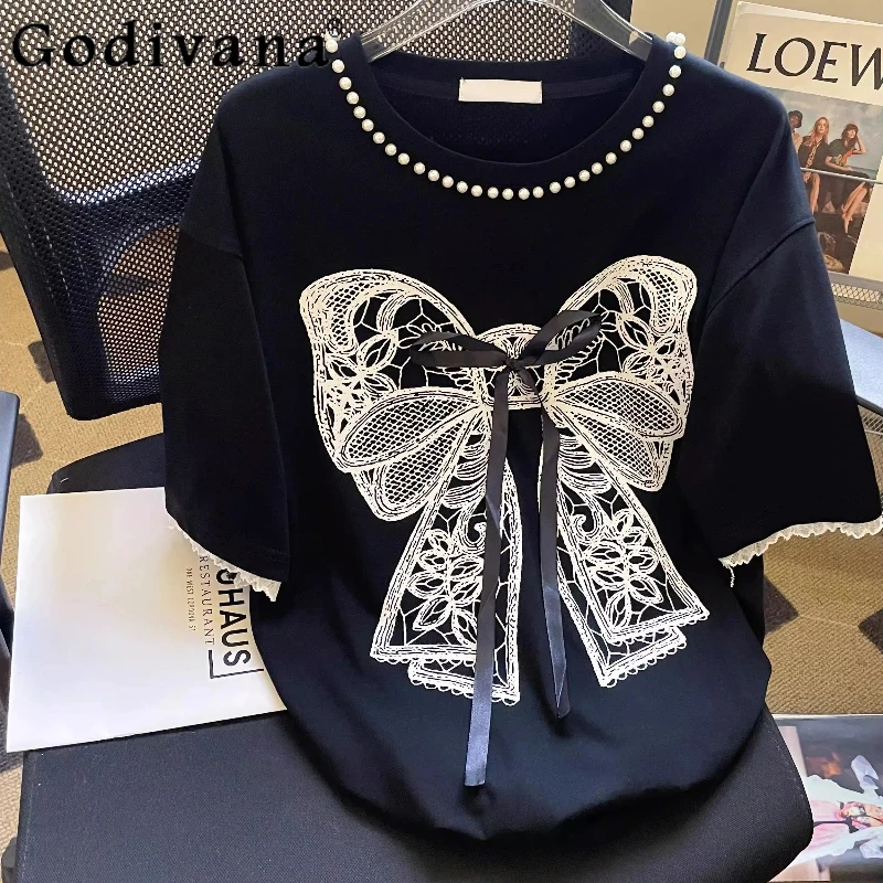 

Extra Large Sweet Bow Print Heavy Industry Bead Embroidery T-Shirt Lace Short Sleeve Girls Summer Loose Chic Black Loose Top