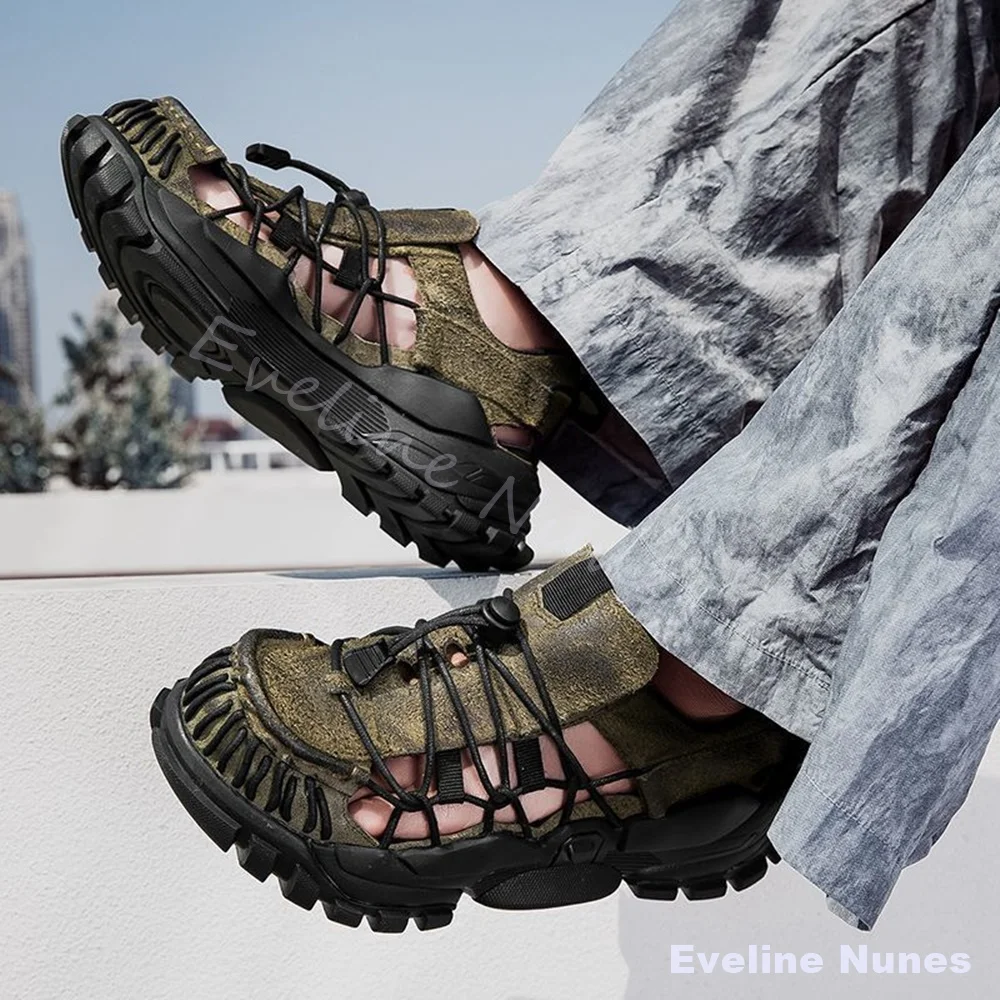 Men Distressed Leather Hollow Outdoor Beach Sandals Hand Woven Toe Cap Gothic Wasteland Punk Outdoor Non-slip Hiking Sandals