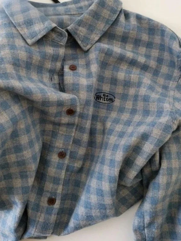 

Синяя клетчатая рубашка с вышитым воротником и надписью, женская, осенне-зимняя, для ношения под одеждой, с пушистой текстурой, премиум-класса, повседневная