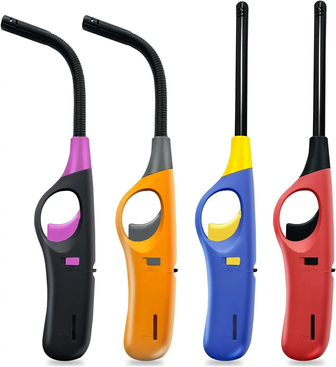 

4-Pack Refillable Butane Lighters with Flexible Wands for Candles, Camping, BBQ - No Fuel Included