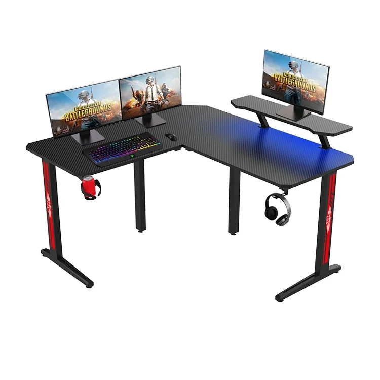 Modern large adjustable gaming desk l shape two persons picture black big rgb gaming desk with led light for pc game room