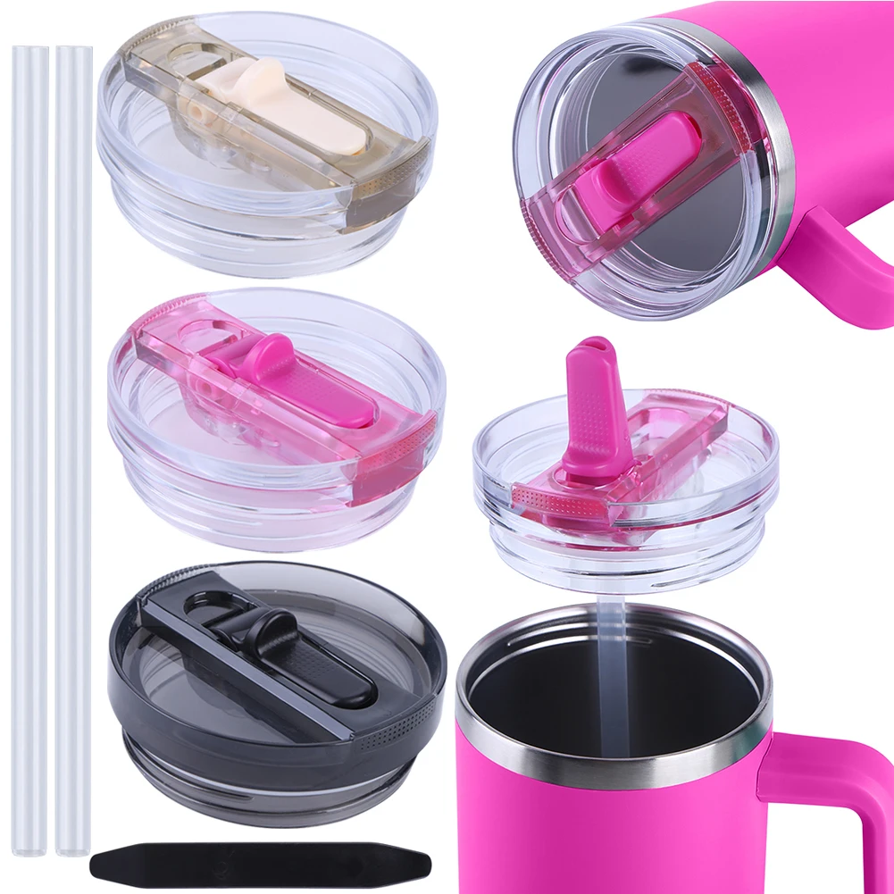 2Pcs No Spill Flip Top Tumbler Cover with 2Pcs Straws Leak Proof Lid Reusable Tumbler Cover for Stanley 40oz Accessories