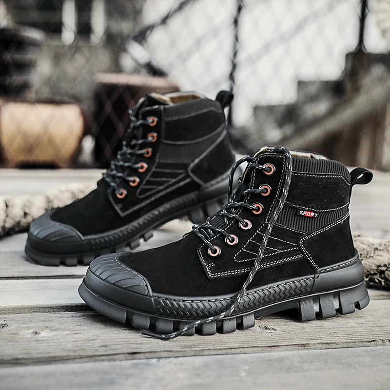 HIKEUP Men‘s Martin Boots Outdoor Sneakers Breathable Trail Walking Shoes Hiking Sports Tactical Men Shoes Cow Leather
