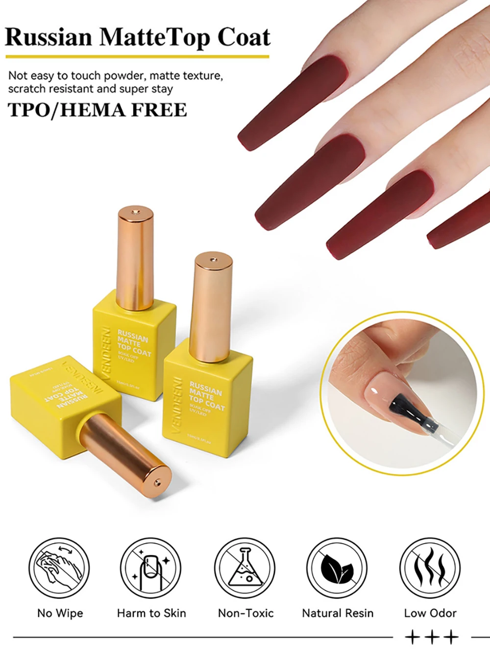 Vendeeni TPO HEMA FREE Russischer Matter Top Coat Semi-Permanenter UV Soak Off Gel Nagellack Mattierter Nicht-Klebender Puder-Matter Top Coat – Detail 8