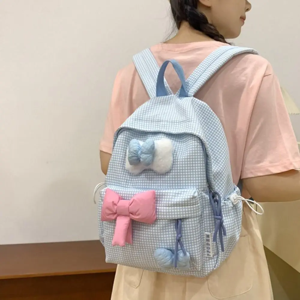 

Large Capacity Cute Bowknot Backpack Lattice Solid Color Nylon Student School Bag Lightweight Korean Style