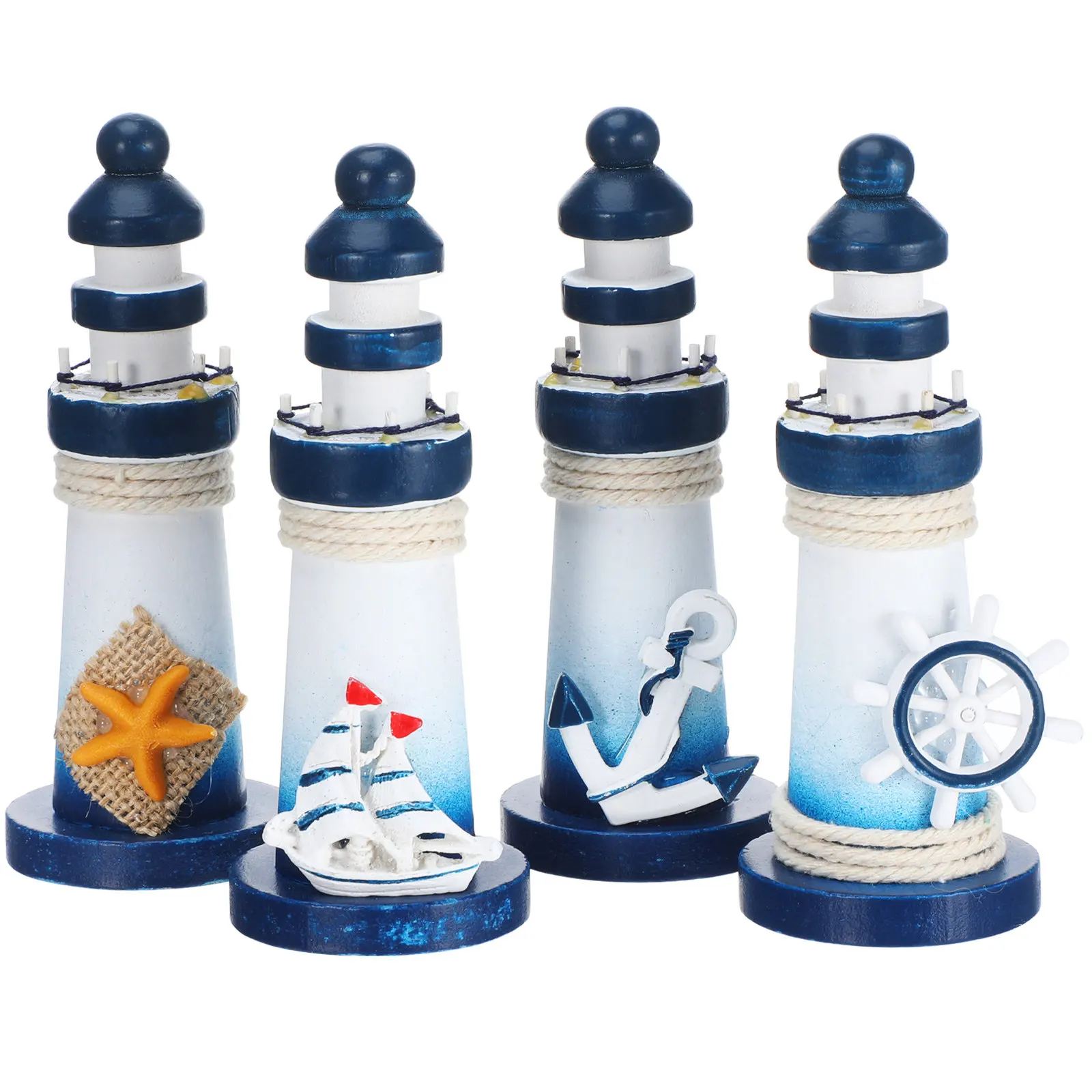 4Pcs Wooden Lighthouse Ornament Mediterranean Style Mini Home Office Desktop Decor Wear Resistant Stylish Room Adornment