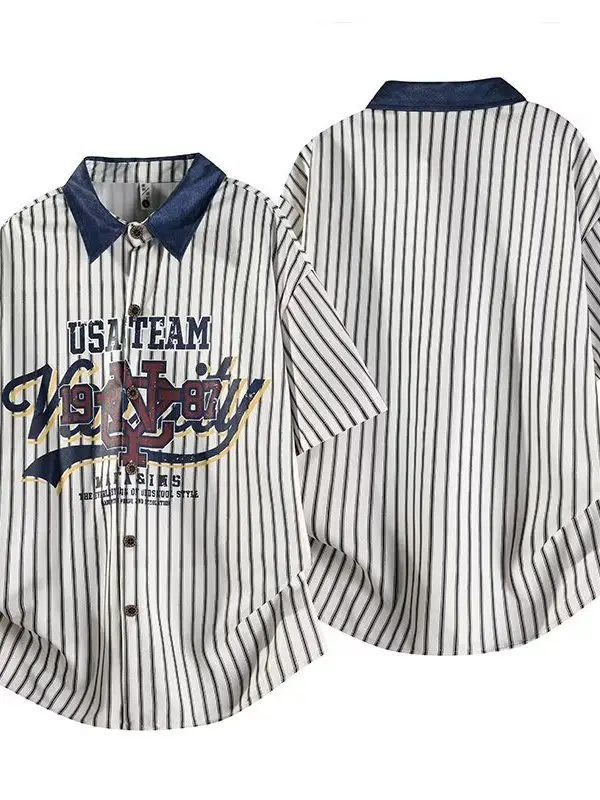 Summer American Retro College Style Printed Striped Short Sleeve Loose Shirt for Men And Women Casual Loose Casual Shirt