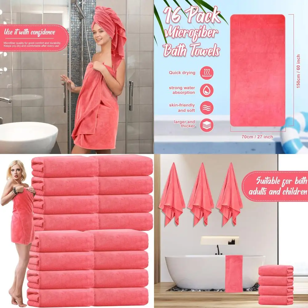 

Oversized 27x60 Microfiber Bath Towels Set of 16, Highly Absorbent, Soft, Ideal for Shower, Beach, Gym, and More (Pink)