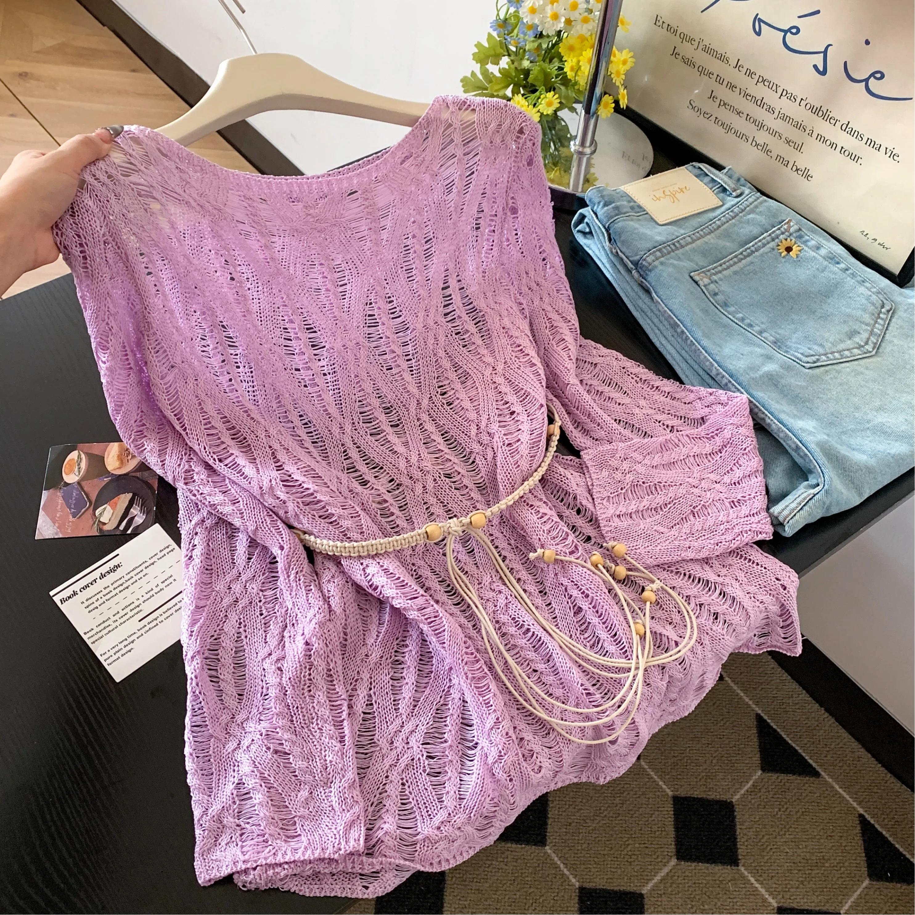 

Slimming Ice Silk Hollow Long Sleeve Knitted Top Women's Summer Loose Fit Air Conditioning Cover up Trendy Casual Wear