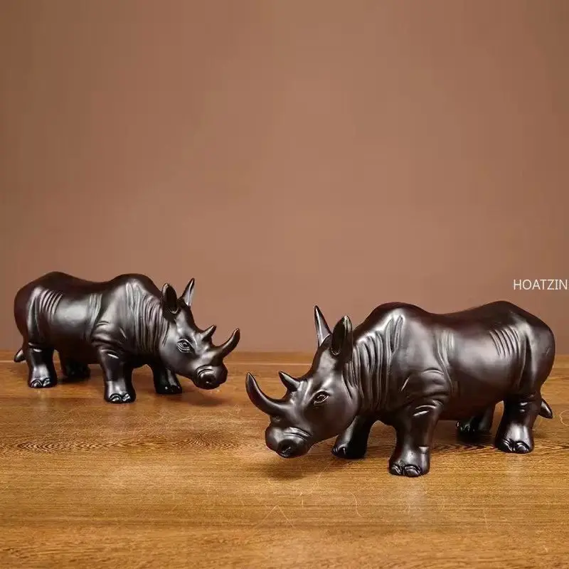 Ebony Carved Rhino Ornaments: Solid Wood Animal Decorations, Home & Office Desktop, Redwood Crafts & Decor