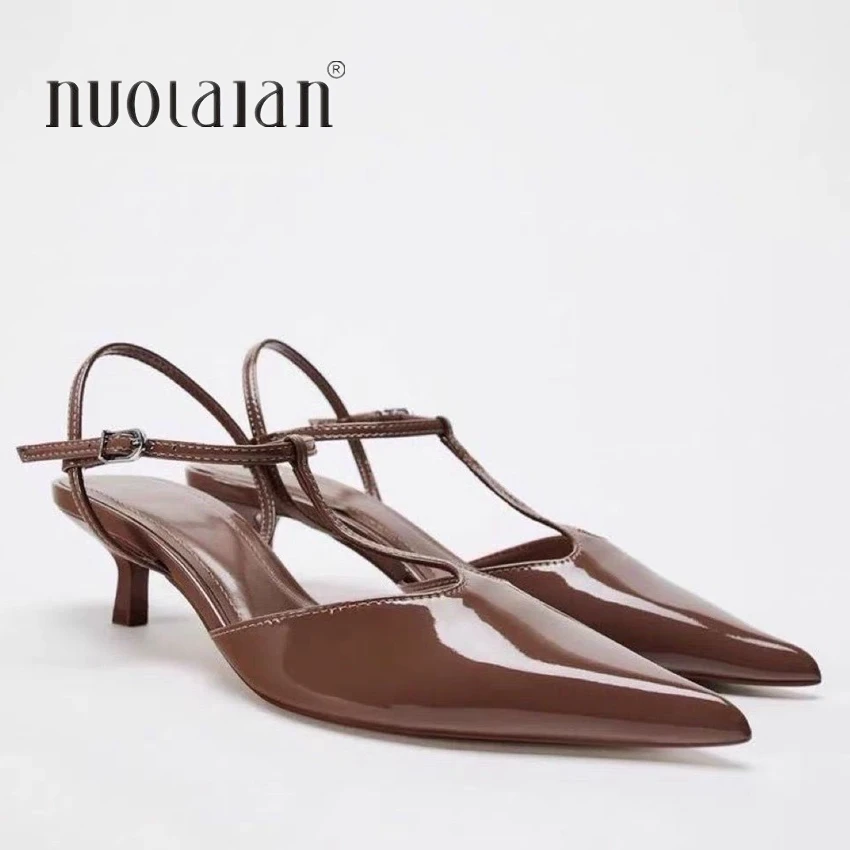 

Summer Modern Office Shoes for Women Patent Leather Wedding Ankle Strap Pointed Brand Designer Female High Heeled Sandals