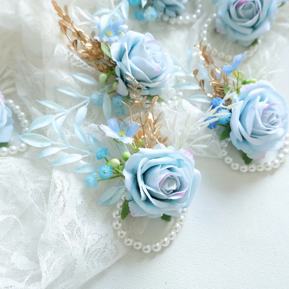 صدار المعصم الأزرق وزهرة العروة على المعصم للعروس وصيفة العروس الزفاف العروة للرجال العريس وصيف الزفاف #5