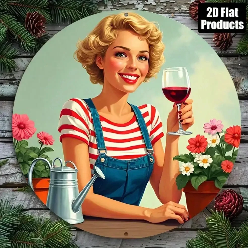 2D Flat Hd Metal Wall Art Vintage American Country Girl, Blonde with Curly Hair, Smiling and Holding a Glass of Red Wine