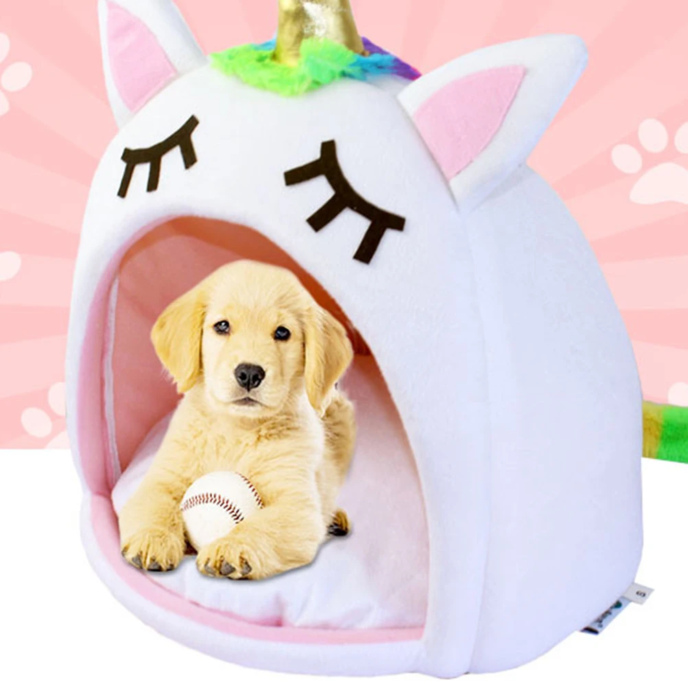 

Cute Unicorn-Shaped Dog Kennel Cat Bed House Small Breed Pet Warm Nest Floor Car Travel Use Machine Washable Brown Pet Bed House
