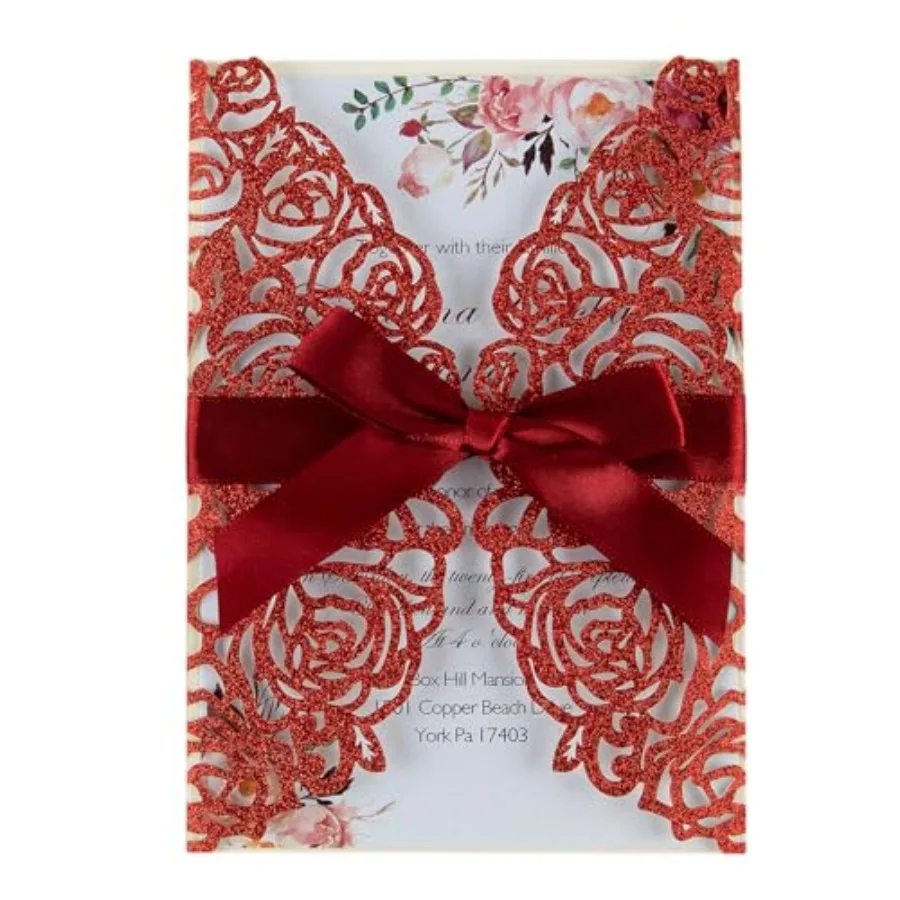 

50Pcs Burgundy Wedding Invitations Cards with 5x7 Envelopes Blank 250GSM Pear Paper Insert Glitter Laser Cut Invitations Custom