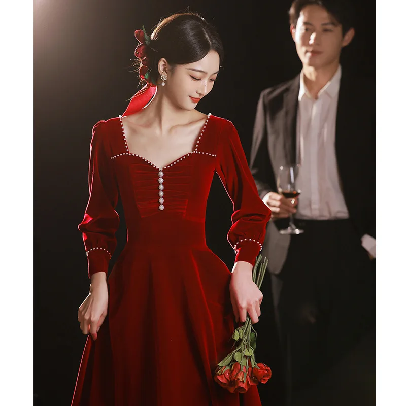 Burgundy Phoenix เย็บปักถักร้อยลูกปัดแมนดารินคอกลับซิป A-Line ชุดราตรีเจ้าสาวแต่งงาน Tulle ชุด Vestidos