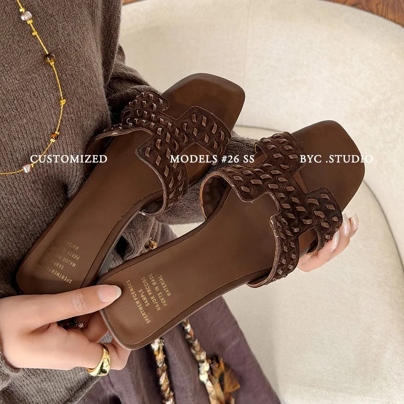 2026 new summer women sandals natural leather plus size 22-25.5cm kid suede+sheepskin open toe mules women slippers flip-flops