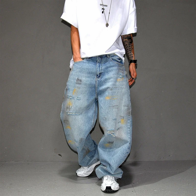 Men's Light Blue Vintage Washed Denim Pants, Torn Paint Pattern, Loose Straight Cut, Wide Legs, Versatile for Casual Daily Use