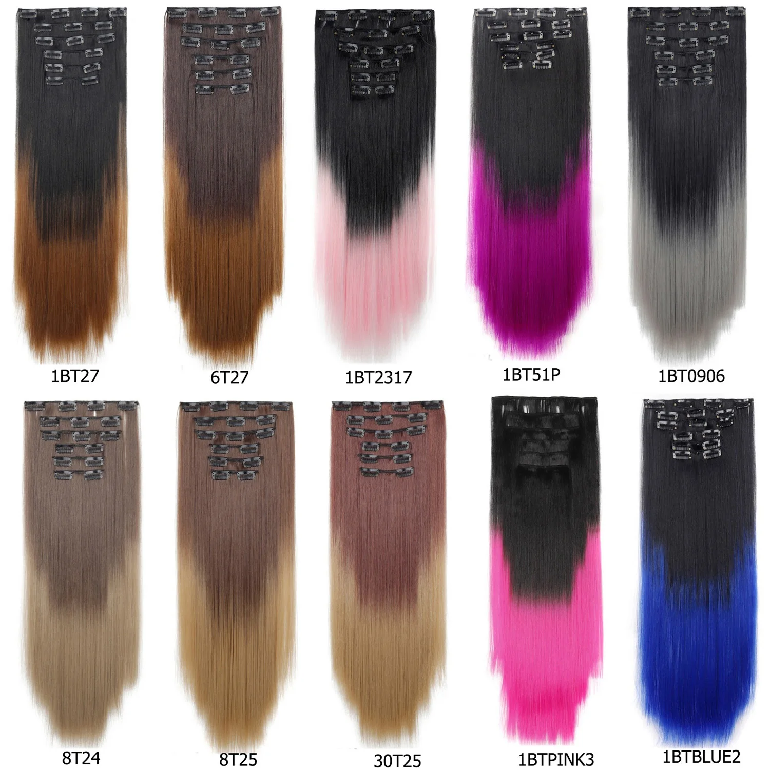 Ekstensi Rambut 6 Buah/Set Rambut Jepit 24 Inci Panjang Lurus Tebal Sintetis Coklat Ombre Seluruh Kepala Mudah Dipakai untuk Wanita