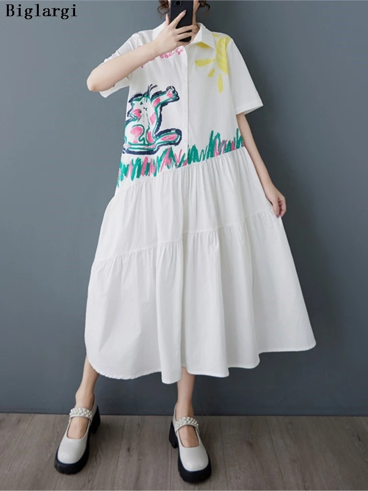 

Oversized Summer Dress Women Graffiti Cartoon Print Fashion Ruffle Pleated Ladies Dresses Loose Casual Woman A-Line Dress